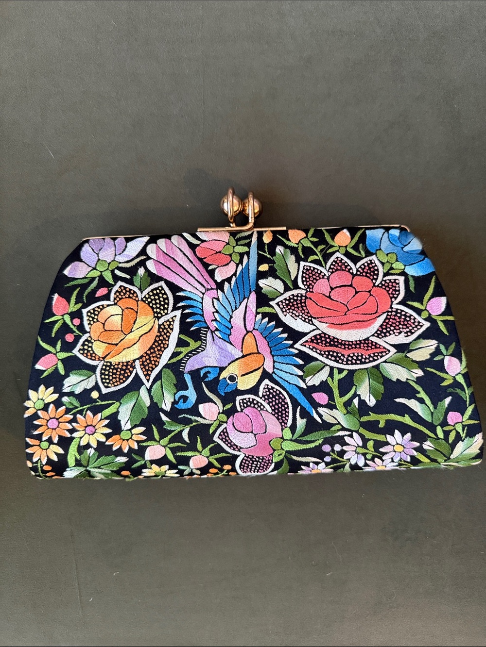 1930’s Silk Floral Bird Embroidered Clutch Wallet - Black Multicolor with Birds